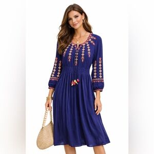 Soft Surroundings Embroidered Boho Midi Dress S Navy Smocked Folk Petite
